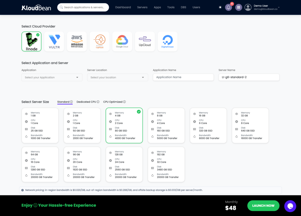 One console, seven clouds. Choose the provider and region that fit, then launch a managed server.