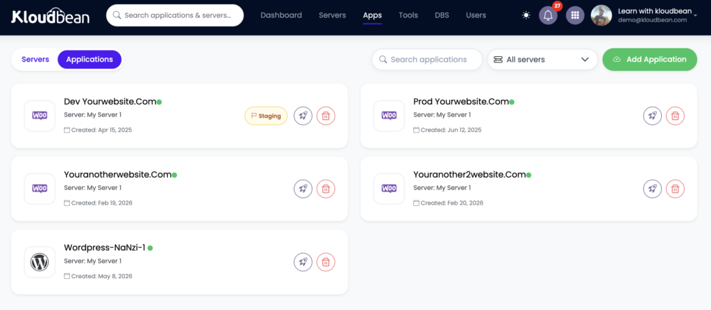  staging application on kloudbean dashboard