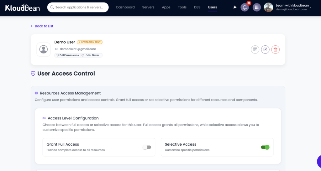 The subusers and User Access Control screen showing a team member granted access to one client site only.