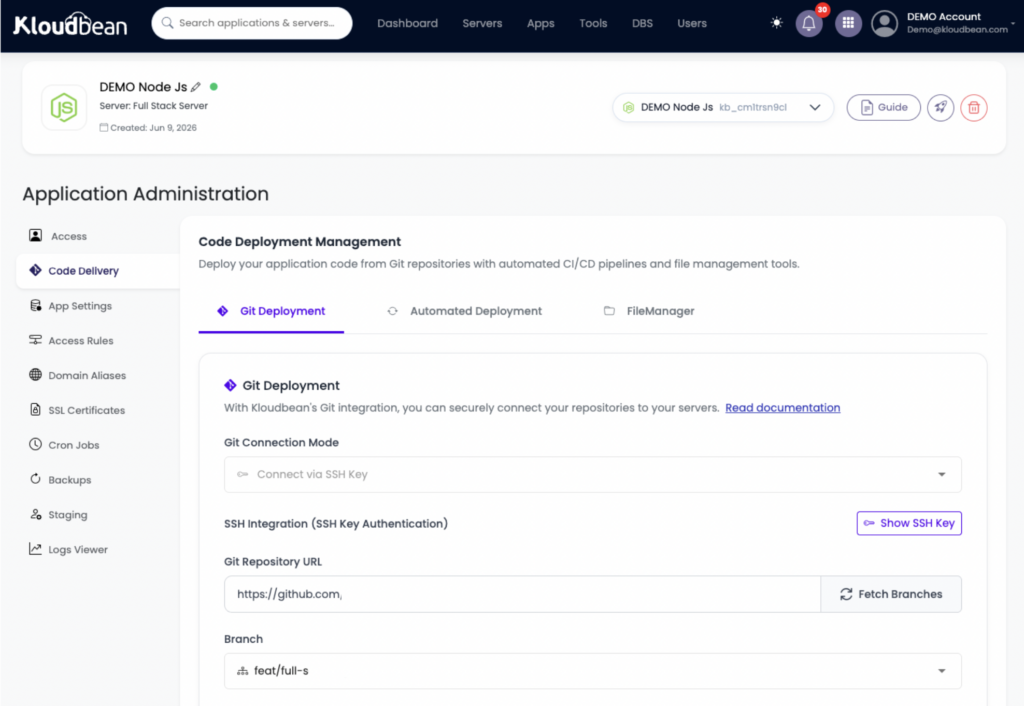 Deploy Code, then Git Deployment: connect the repo, set your scripts and port, Pull and Deploy.
