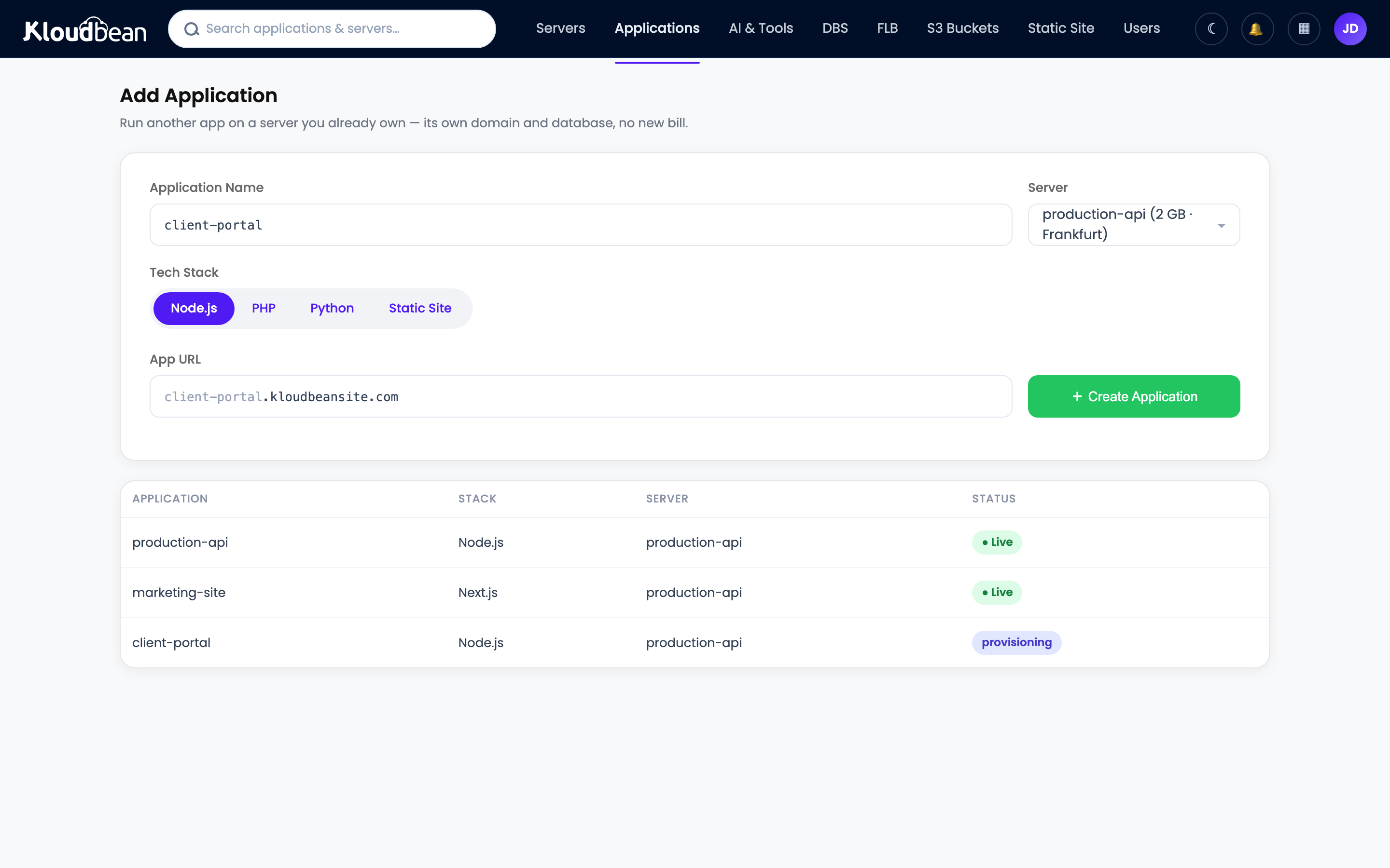 The Kloudbean Add Application screen: adding a Node.js app to an existing server for the NestJS API