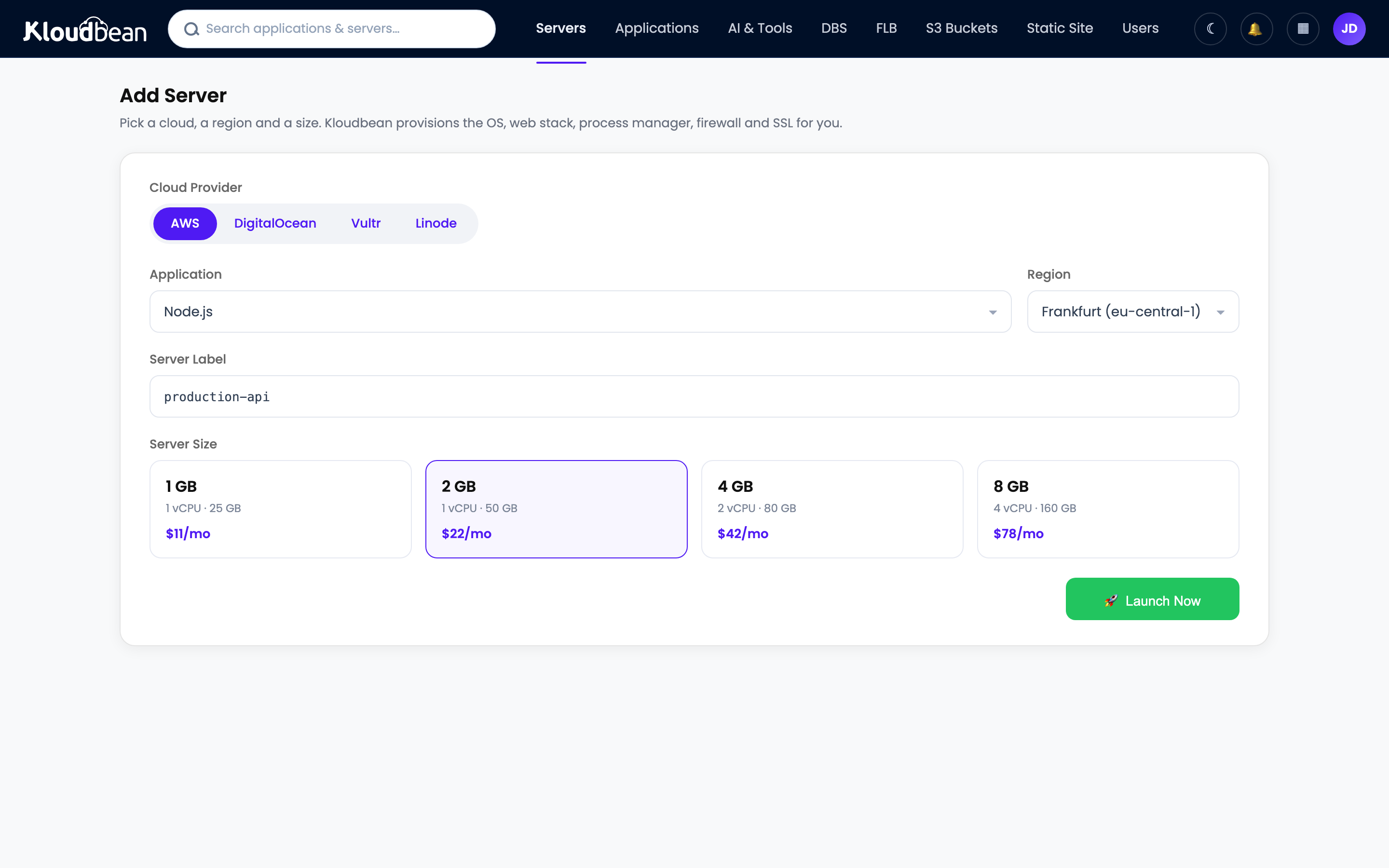The Kloudbean console Add Server screen: pick a cloud, region, and a server size with enough RAM for GitLab