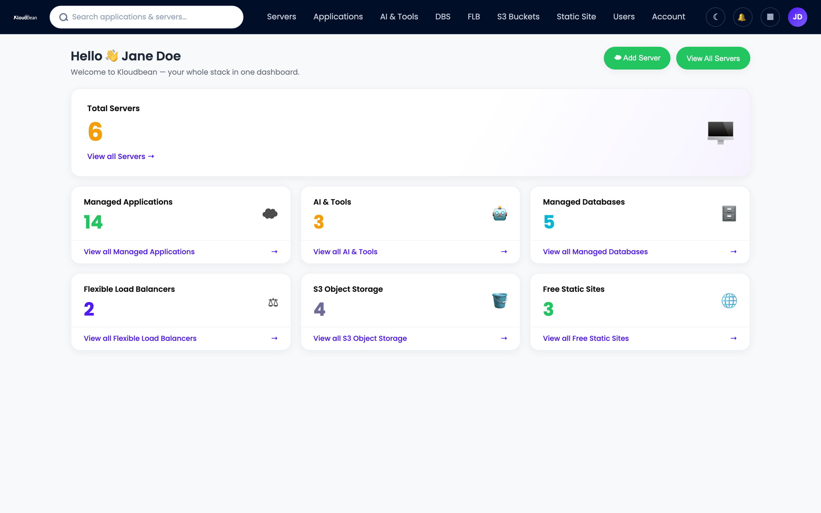 The Kloudbean dashboard showing the whole managed stack, servers, applications, databases, and storage, under one login