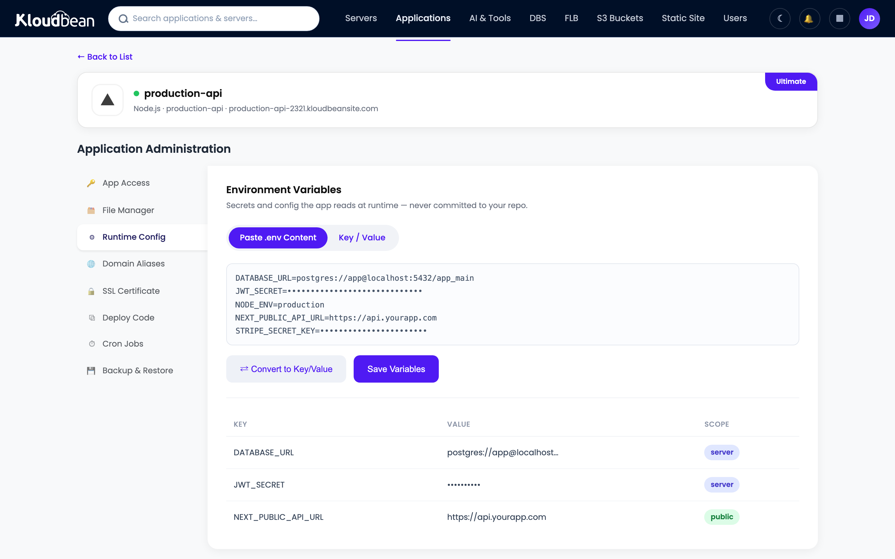 Kloudbean console Environment Variables screen where Heroku config vars are recreated as key-value pairs