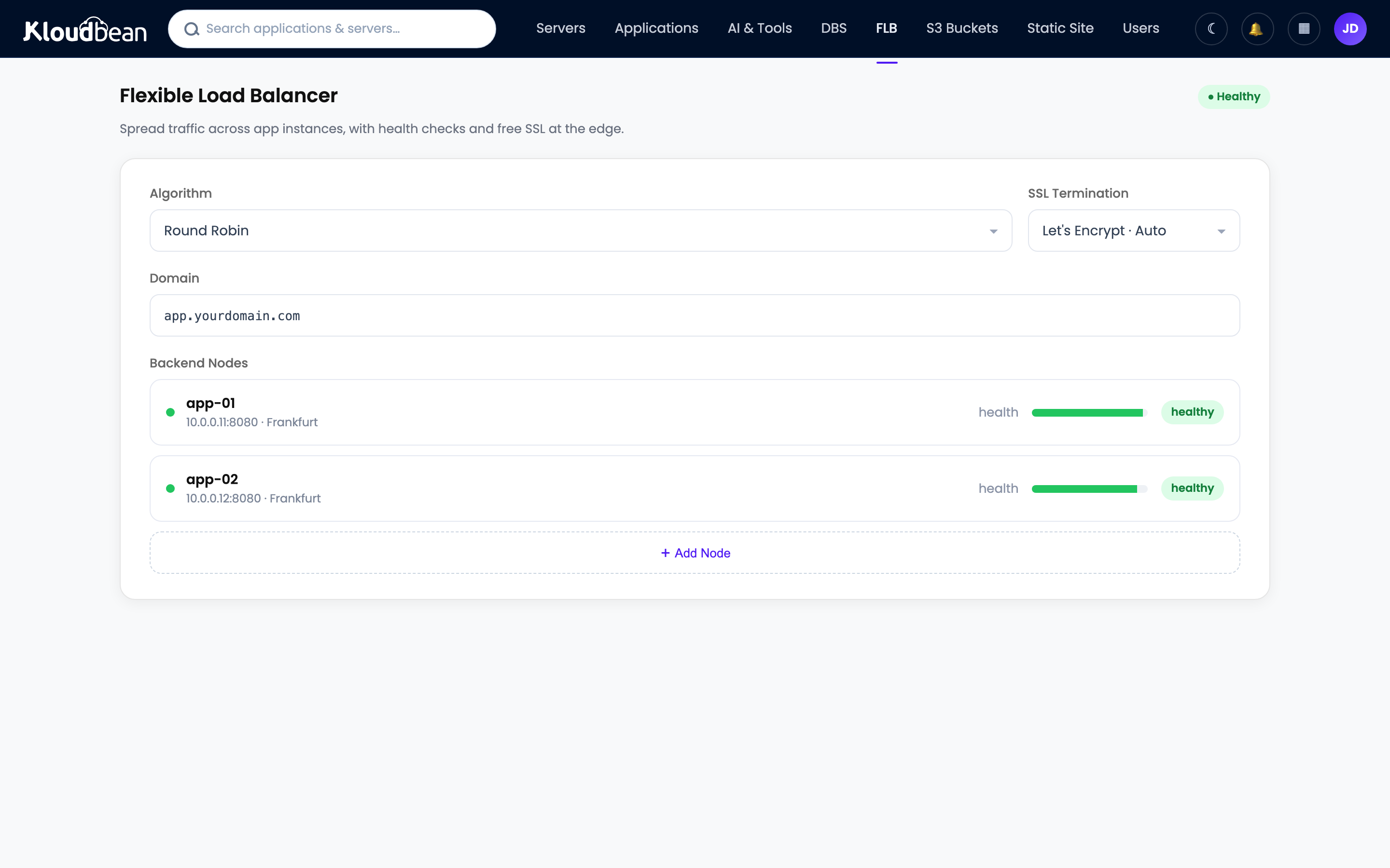 The Kloudbean Flexible Load Balancer distributing traffic across healthy backend nodes in an application pool
