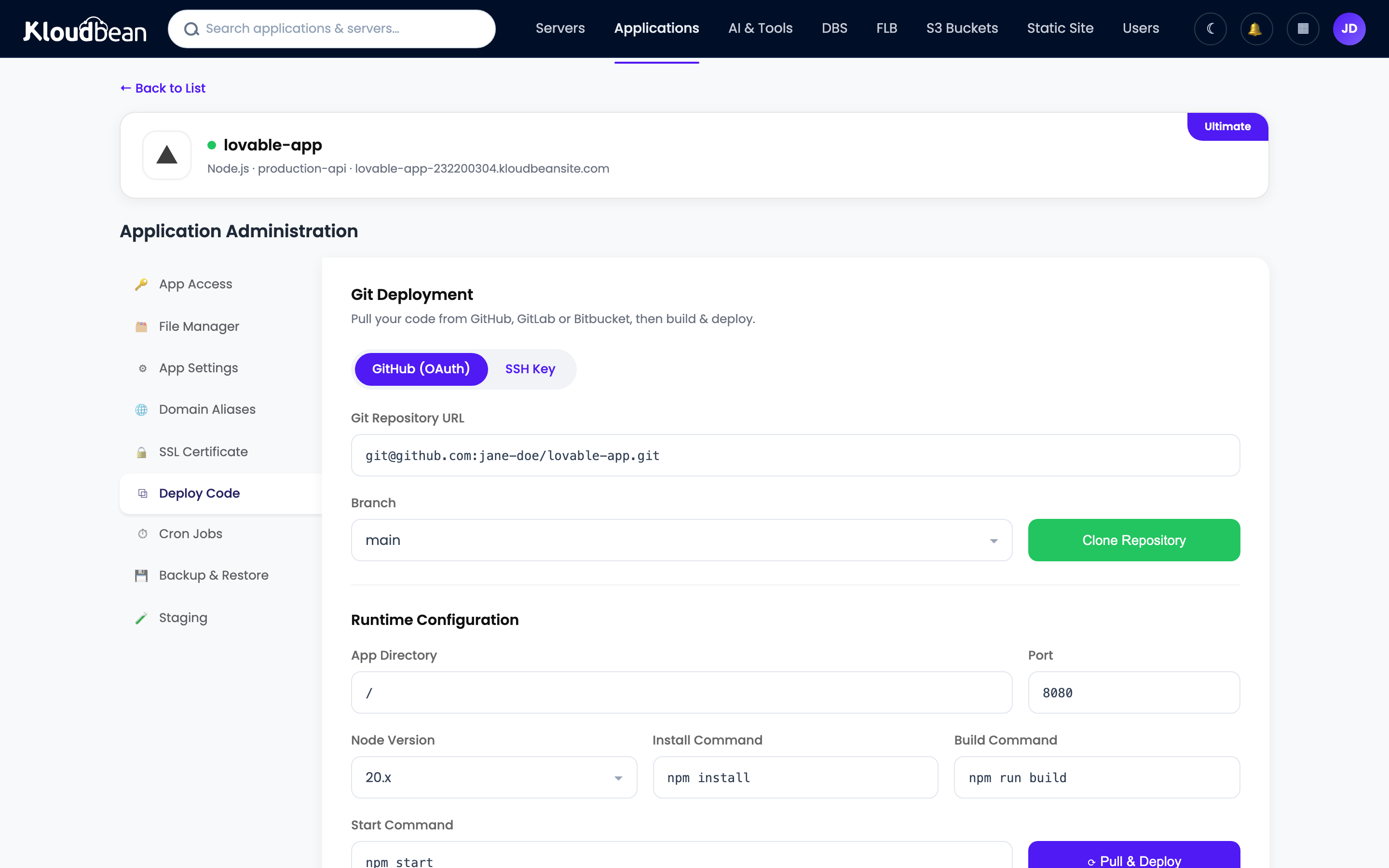 Kloudbean Deploy Code / Git Deployment screen: connect a repo, set the runtime fields, and Pull and Deploy