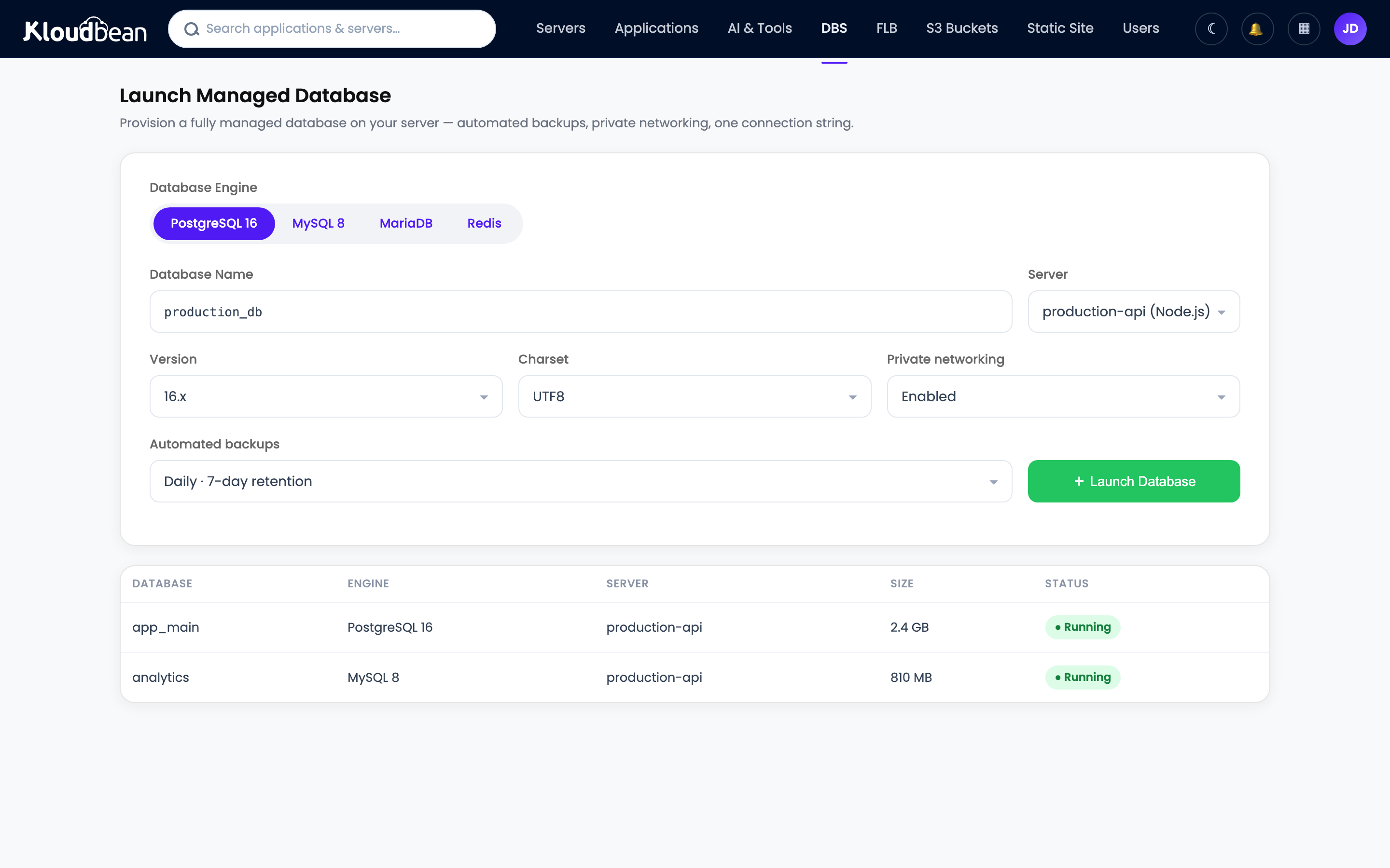The Kloudbean console Launch Database screen, with Redis available as a managed engine next to MySQL, MariaDB, PostgreSQL, Memcached, Elasticsearch, and MongoDB