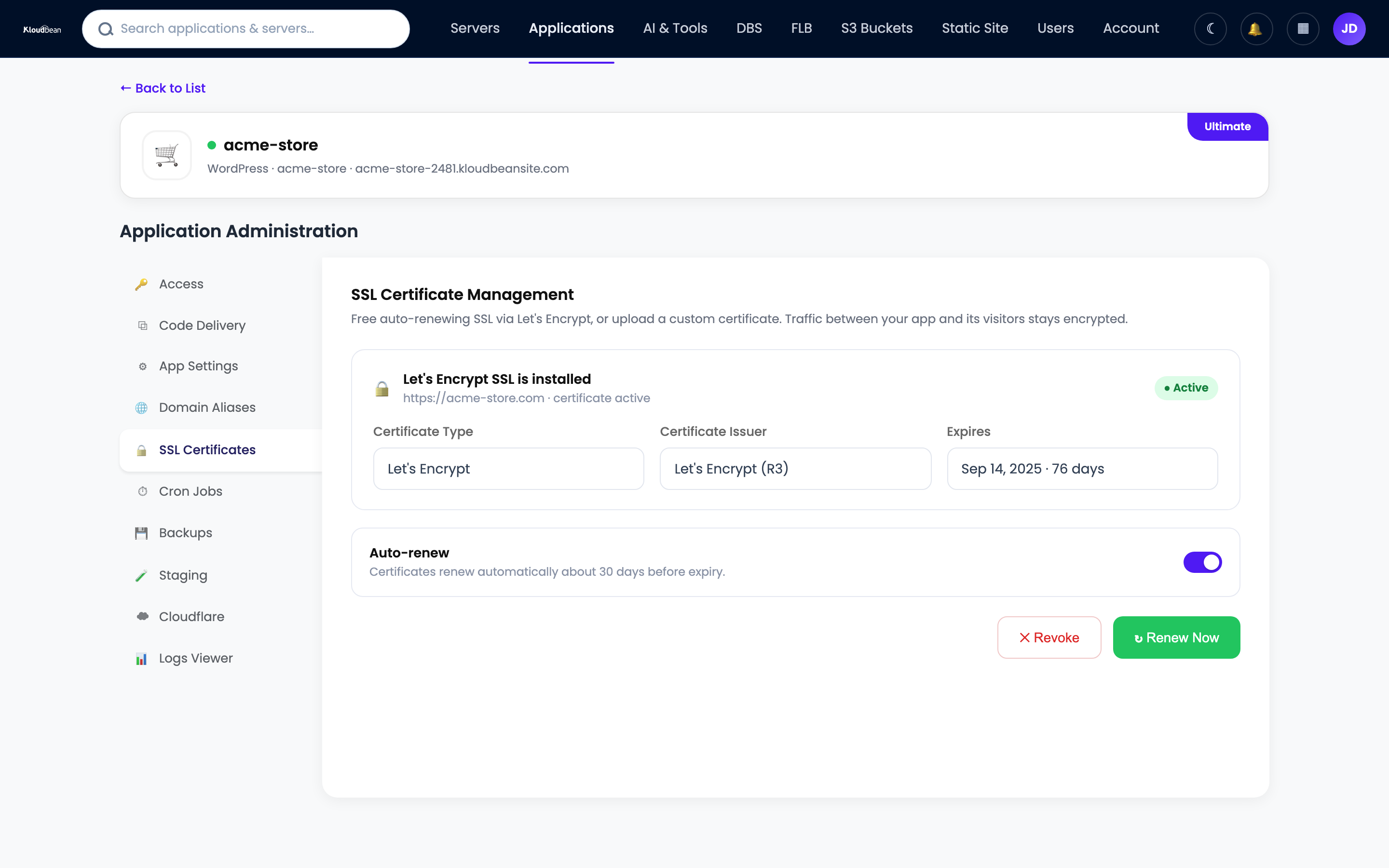 The Kloudbean console issuing a free auto-renewing SSL certificate for an in-Kingdom site