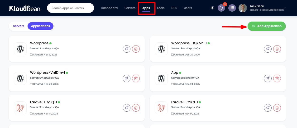 The Kloudbean Add Application screen with WooCommerce selected as the application stack