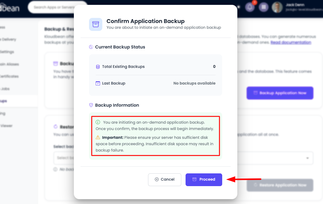 The Kloudbean backups screen showing automatic backups and self-serve restore for a WooCommerce store